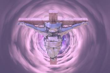 Crucified astronaut in tunnel of clouds. 3D rendering