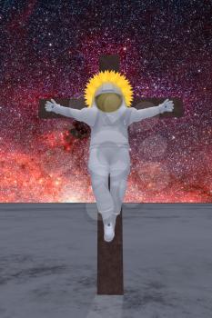 Crucified astronaut with burning halo. 3D rendering