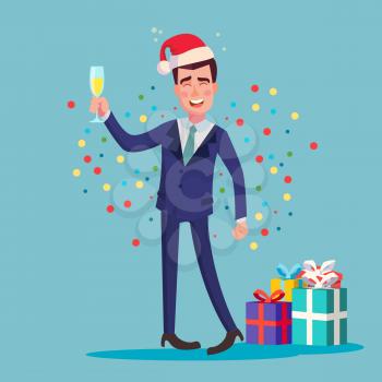 Drunk Man Vector. Alcohol. Corporate Christmas Party At Restaurant. Drink Alcoholic Drinks. Isolated Cartoon Illustration