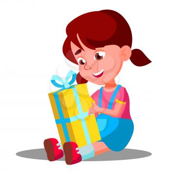 Little Girl Opening Gift Christmas Box Vector. Illustration