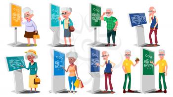 Old People Using ATM, Digital Terminal Vector. Man, Woman. Set. LCD Digital Signage For Indoor Using. Interactive Informational Kiosk. Money Deposit, Withdrawal. Cartoon Illustration