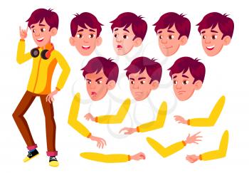 Teen Boy Vector. Teenager. Pretty, Youth. Face Emotions, Various Gestures. Animation Creation Set. Isolated Flat Cartoon Illustration