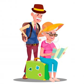 Elderly Couple At The Airport With Suitcases Vector. Illustration