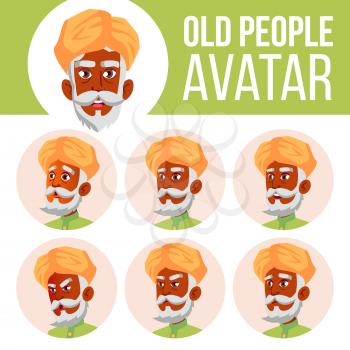 Indian Old Man Avatar Set Vector. Hindu. Asian. Face Emotions. Senior Person Portrait. Elderly People. Aged. Emotions, Emotional Leisure Smile Head Illustration