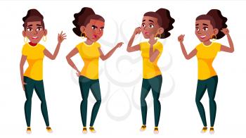 Teen Girl Poses Set Vector. Black. Afro American. Active, Expression. For Presentation, Print, Invitation Design Isolated Illustration