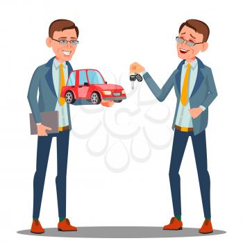 Smiling Insurance Agent Holding A Car In Hand Vector. Illustration