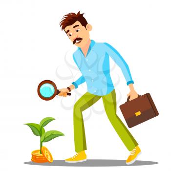 Businessman Looking For Money With Magnifier On The Floor, Investment Search Vector. Illustration