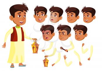Arab, Muslim Teen Boy Vector. Teenager. Fun, Cheerful. Face Emotions, Various Gestures. Animation Creation Set. Isolated Flat Cartoon Illustration