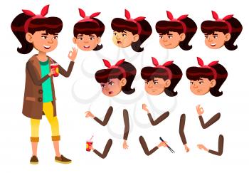 Asian Teen Girl Vector. Teenager. Pretty, Youth. Face Emotions, Various Gestures. Animation Creation Set. Isolated Flat Cartoon Illustration