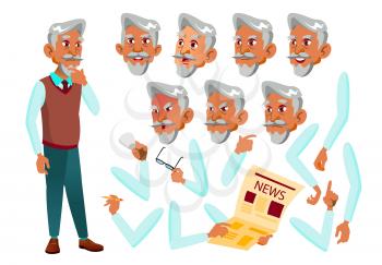 Arab, Muslim Old Man Vector. Senior Person. Aged, Elderly People. Face Emotions, Various Gestures. Animation Creation Set. Isolated Cartoon Illustration
