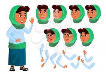 Arab, Muslim Teen Girl Vector. Teenager. Positive Person. Face. Children. Face Emotions, Various Gestures. Animation Creation Set. Isolated Flat Character Illustration