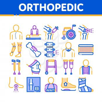 Orthopedic Collection Elements Vector Icons Set Thin Line. Orthopedic And Trauma Rehabilitation, Cervical Collar And Walkers Concept Linear Pictograms. Medical Rehab Goods Color Contour Illustrations