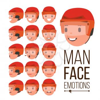 Man Emotions Vector. Young Male Face Portraits. Sport Hockey Helmet. Sadness, Anger, Rage, Surprise, Shock. Isolated Flat Cartoon Illustration