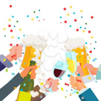 Drink Party Banner Vector. Raised Hands Holding Champagne And Beer Glasses. Toasting. Clinking Glasses With Alcohol. Celebration Event Design Isolated Flat Illustration