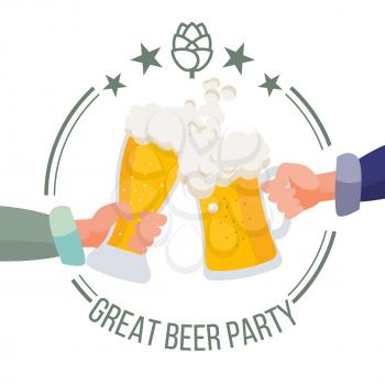 Drink Office Party Poster Vector. Hands Holding Beer Glasses. Clinking Glasses With Alcohol. Chin-Chin. Isolated Flat Illustration