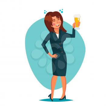 Drunk Office Female Worker Vector. Have Fun. Cheers Party Concept. Celebrating, Gesturing. Isolated On White Cartoon Character Illustration