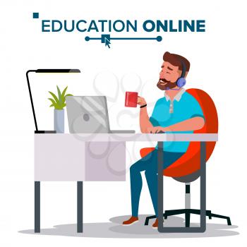 Education Online Vector. Home Online Training Course. Young Handsome Man In Headphones Sitting. Modern Study Technology. Isolated Flat Cartoon illustration