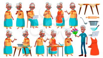 Old Woman Poses Set Vector. Black. Afro American. Elderly People. Senior Person. Aged. Positive Pensioner. Web, Brochure, Poster Design Isolated Cartoon Illustration