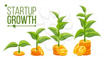 Business Growth Concept Vector. Plant From Money. Gold Coins. Success Company. Isolated Flat Cartoon Illustration