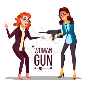Business Woman With Gun Vector. Bankruptcy Concept. Pointing, Aiming. Isolated Flat Illustration