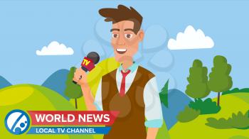 Journalist Man On Air. News Reporter Performing Concept Vector. Male With Microphone. Video Camera Viewfinder. Employment Television Journalist. Illustration