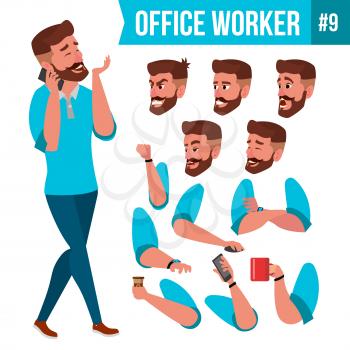 Office Worker Vector. Face Emotions, Various Gestures. Animation Creation Set. Businessman Person. Smiling Executive, Servant, Workman, Officer Isolated Character Illustration