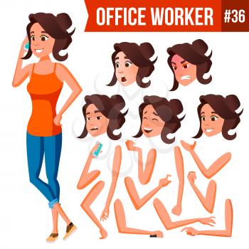 Office Worker Vector. Woman. Professional Officer, Clerk. Businessman Female. Lady Face Emotions, Various Gestures. Animation Creation Set. Isolated Flat Character Illustration