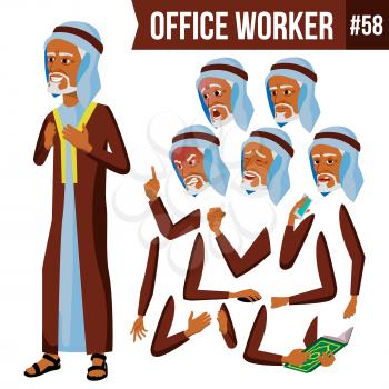 Arab Office Worker Vector. Thawb, Thobe. Ghutra. Face Emotions, Various Gestures. Animation Creation Set. Business Worker. Career Professional Workman Officer Clerk Illustration