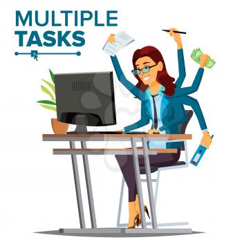 Multiple Tasks Business Woman Vector. Many Hands Doing Tasks. Professional Occupation. Flat Cartoon Illustration