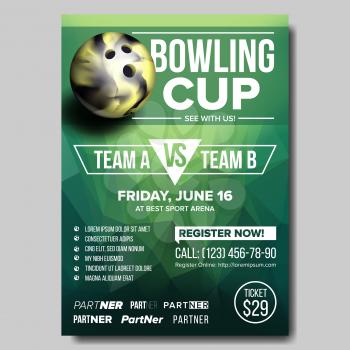 Bowling Poster Vector. Design For Sport Pub, Cafe, Bar Promotion. Bowling Club Ball. Modern Tournament. Sport Event Announcement. Banner Advertising. Championship Layout Template Illustration
