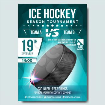 Ice Hockey Poster Vector. Ice Hockey Puck. Vertical Design For Sport Bar Promotion. Ice Hockey Flyer. Invitation Illustration