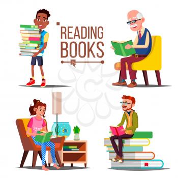 People Reading Books Vector. Big Stack Of Books. Education. Paper Book. Library. Man, Woman, Old Man, Child Isolated Cartoon Illustration