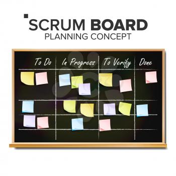 Scrum Task Board Vector. Hanging Scrum Task Board. Startup Development Process. Full Tasks To Do List. Realistic Illustration