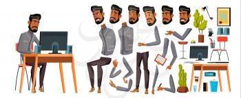 Arab Man Office Worker Vector. Animation Creation Set. Generator. Emotions, Animated Elements. Gestures. Business Human. Muslim In Traditional Clothes. Saudi, Emirates Illustration