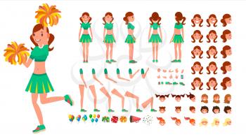 Cheerleader Girl Vector. Animated Character Creation Set. Sport Fan Dancing Cheerleading Woman. Full Length, Front, Side, Back View, Accessories, Poses, Face Emotions, Gestures Isolated Cartoon Illustration