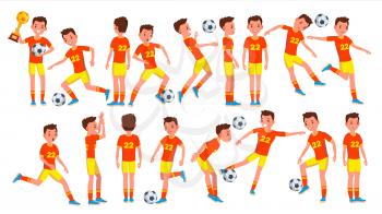 Soccer Male Player Vector. In Action. Modern Uniform. Ball. Boots. Cartoon Character Illustration