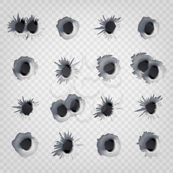 Bullet Holes Set Vector. Weapon Holes Isolated On Transparent Background. Illustration
