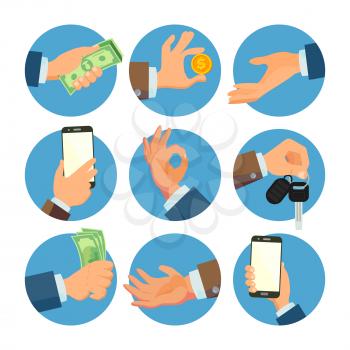 Businessman Hands Set Vector. Salesman, Worker. Banking Finance Sale Concept. Human Hand Business Banner. Hand Holding Smart Phone, Keys. Giving, Receiving Money. Flat Cartoon Isolated