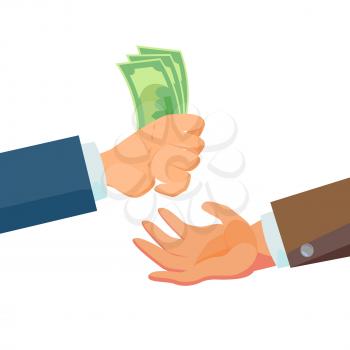 Businessman Hands Giving Money Vector. Salesman Agent And Owner. Banking Finance Sale Concept. Flat Business Cartoon Isolated