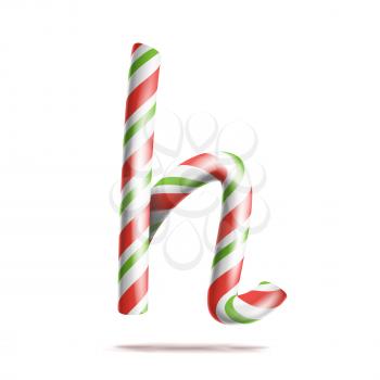 Letter H Vector. 3D Realistic Candy Cane Alphabet Symbol In Christmas Colours. New Year Letter Textured With Red, White. Typography Template. Striped Craft Isolated Object. Xmas Art