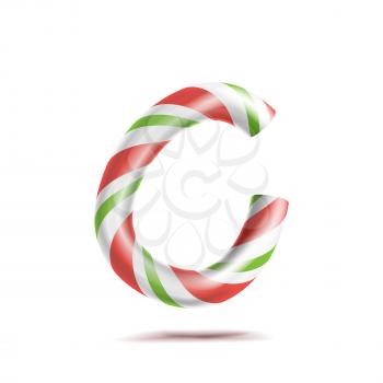 Letter C Vector. 3D Realistic Candy Cane Alphabet Symbol In Christmas Colours. New Year Letter Textured With Red, White. Typography Template. Striped Craft Isolated Object. Xmas Art