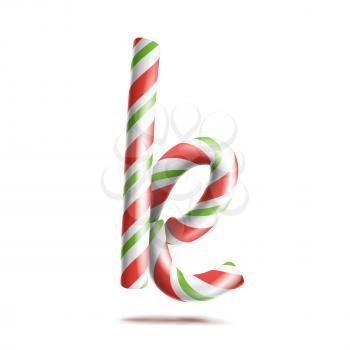 Letter K Vector. 3D Realistic Candy Cane Alphabet Symbol In Christmas Colours. New Year Letter Textured With Red, White. Typography Template. Striped Craft Isolated Object. Xmas Art