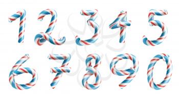 Numbers Sign Set Vector. 3D Numerals. Figures 1, 2, 3, 4, 5, 6, 7, 8 9 0 Christmas Colours Red Blue Striped Classic Xmas Mint Hard Candy Cane New Year Design Isolated On White