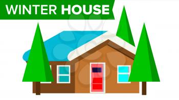 Winter House Vector. Wooden Home With Snow. Forest Traditional Cottage. Winter Time. Flat Illustration