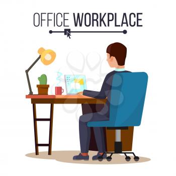 Office Workplace Concept Vector. Business Man Or Clerk Working At Office Desk. Flat Style Color Modern Vector