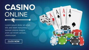 Casino Poker Design Vector. Casino Theme Fortune Background Concept. Poker Cards, Chips, Playing Gambling Cards. Realistic Illustration