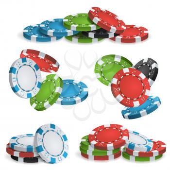 Casino Chips Stacks Vector. 3D Realistic. Colored Poker Game Chips Falling Dawn
