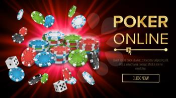 Online Poker Vector. Gambling Casino Banner Sign. Explosion Chips, Playing Dice. Jackpot Casino Billboard, Signage