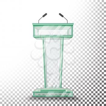 Transparent Glass Podium Tribune Vector. Rostrum Stand With Microphones. Isolated On Transparent Background Illustration.
