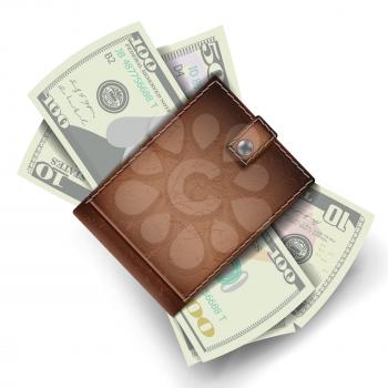 Full Wallet Vector. Brown Color. Full Wallet. Modern Leather Wallet. Dollar Banknotes. Isolated Illustration